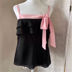 Ann Taylor LOFT black sleeveless chiffon blouse with pink trim and ribbon